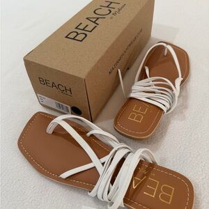 BEACH White Strappy Square-Toe Sandals with Tan Footbed